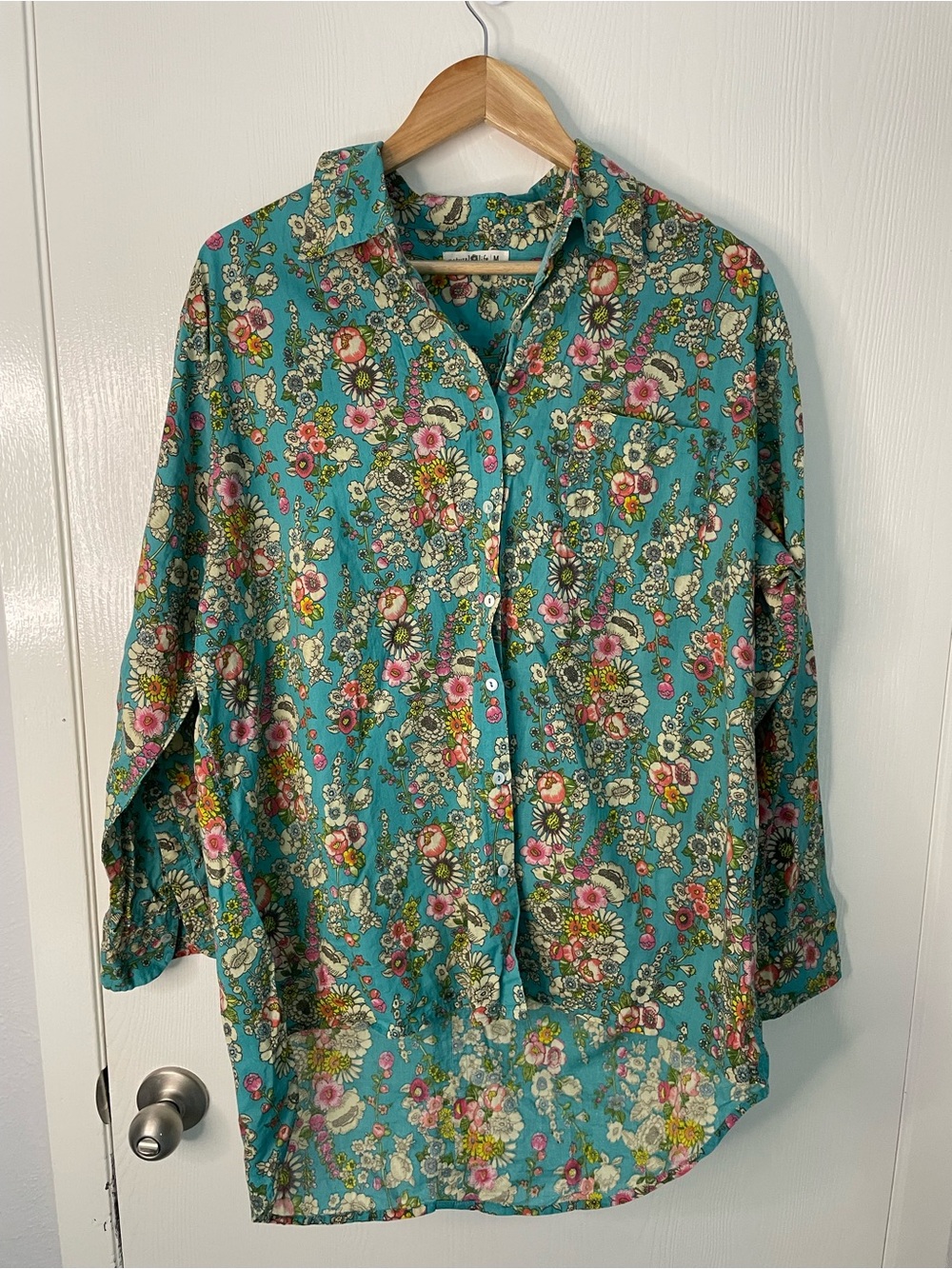 Natural Life Medium Teal Floral Cotton Button Down Tunic Shirt Boho - Picture 2 of 10